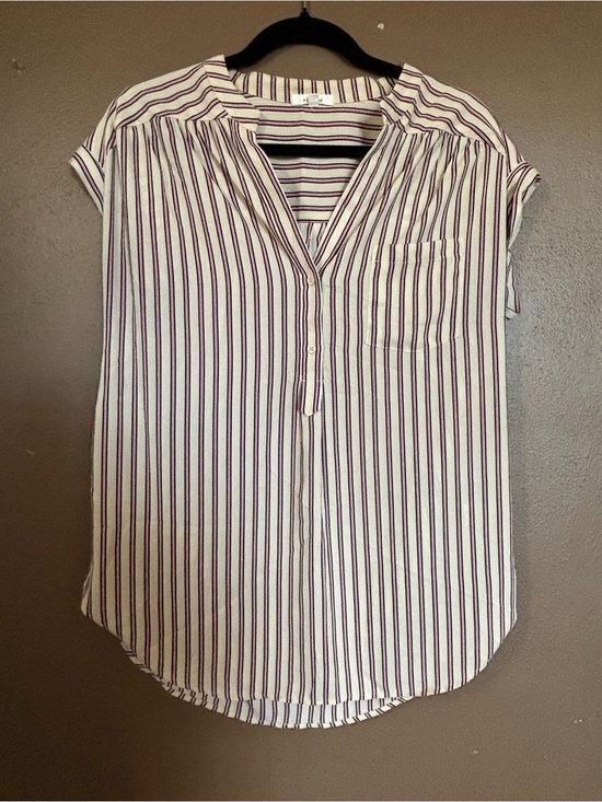 Pleione Tops - PLEIONE MEDIUM Striped Short-Sleeve V-Neck Blouse - Cream with Burgundy Stripes